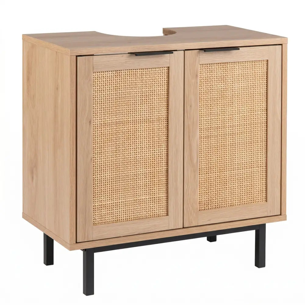 Bathroom Vanity Cabinet with U-Shaped Cut-Out 2 Rattan Doors and Shelf-Natural - Natural - Floor Cabinets