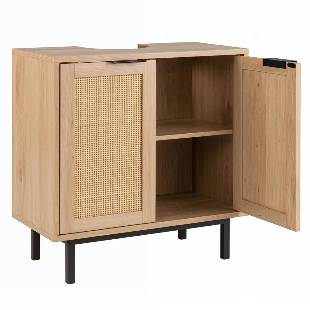 Bathroom Vanity Cabinet with U-Shaped Cut-Out 2 Rattan Doors and Shelf-Natural - Natural - Floor Cabinets