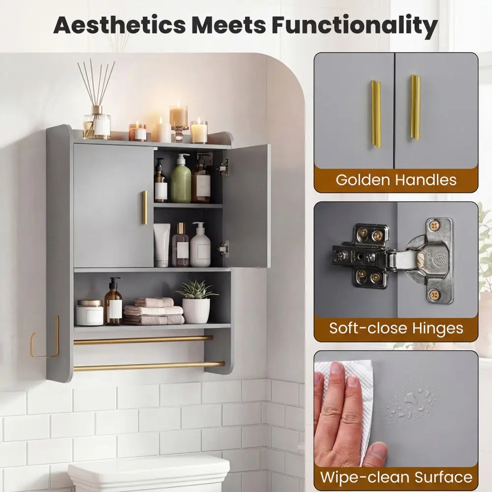 Bathroom Wall Cabinet Wall Mounted Medicine Cabinet with Towel Bars-Grey - Gray - Wall Cabinets