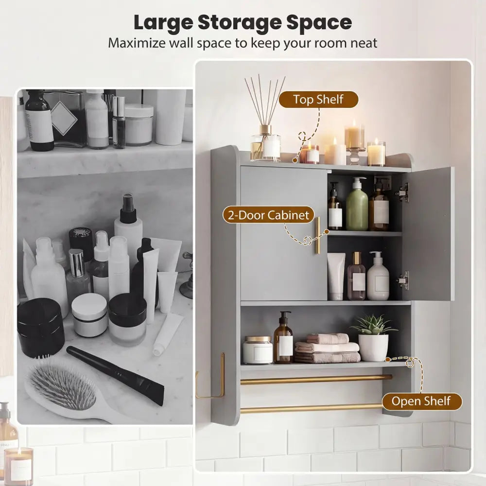 Bathroom Wall Cabinet Wall Mounted Medicine Cabinet with Towel Bars-Grey - Gray - Wall Cabinets