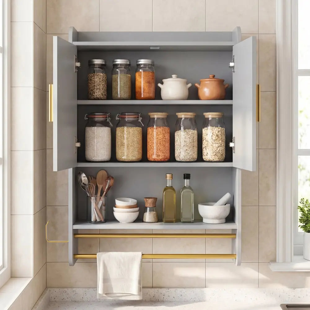 Bathroom Wall Cabinet Wall Mounted Medicine Cabinet with Towel Bars-Grey - Gray - Wall Cabinets