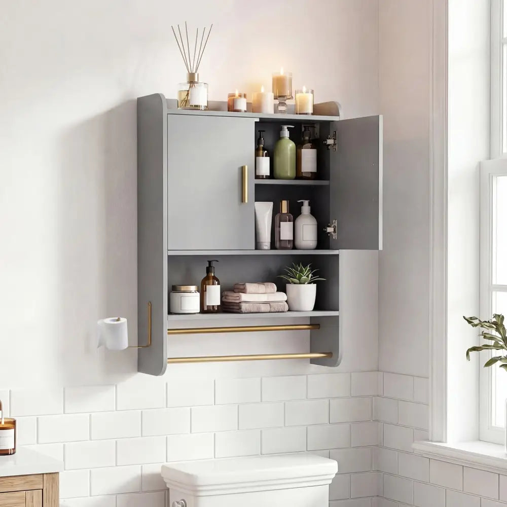 Bathroom Wall Cabinet Wall Mounted Medicine Cabinet with Towel Bars-Grey - Gray - Wall Cabinets