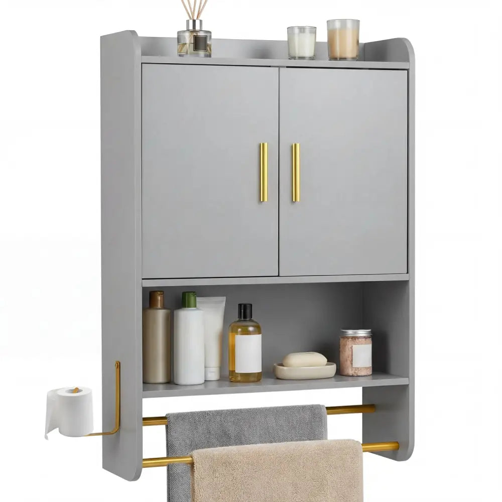 Bathroom Wall Cabinet Wall Mounted Medicine Cabinet with Towel Bars-Grey - Gray - Wall Cabinets