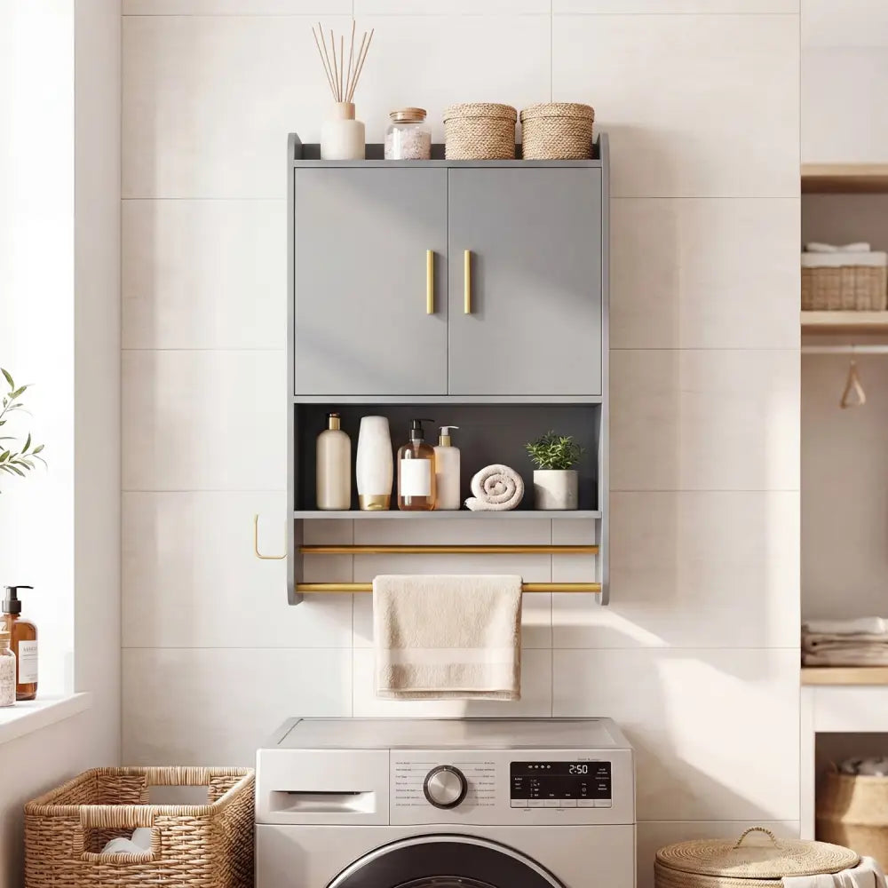 Bathroom Wall Cabinet Wall Mounted Medicine Cabinet with Towel Bars-Grey - Gray - Wall Cabinets