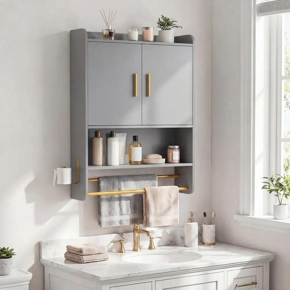 Bathroom Wall Cabinet Wall Mounted Medicine Cabinet with Towel Bars-Grey - Gray - Wall Cabinets