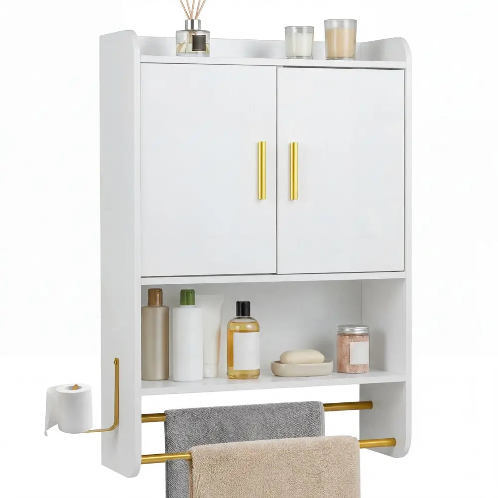 Bathroom Wall Cabinet Wall Mounted Medicine Cabinet with Towel Bars-White - White - Wall Cabinets
