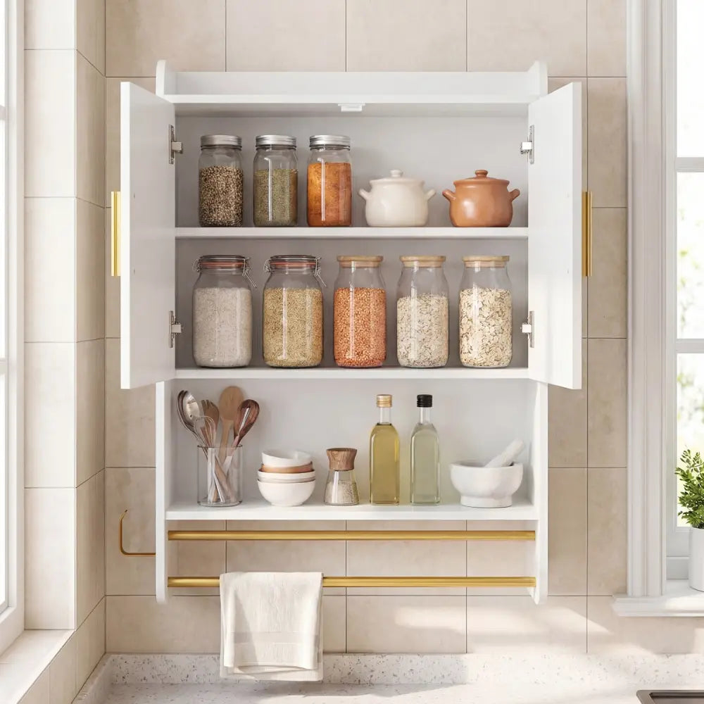 Bathroom Wall Cabinet Wall Mounted Medicine Cabinet with Towel Bars-White - White - Wall Cabinets