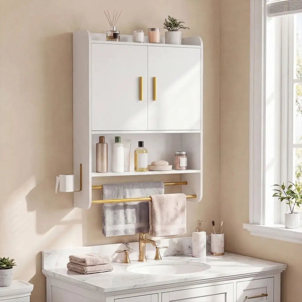 Bathroom Wall Cabinet Wall Mounted Medicine Cabinet with Towel Bars-White - White - Wall Cabinets