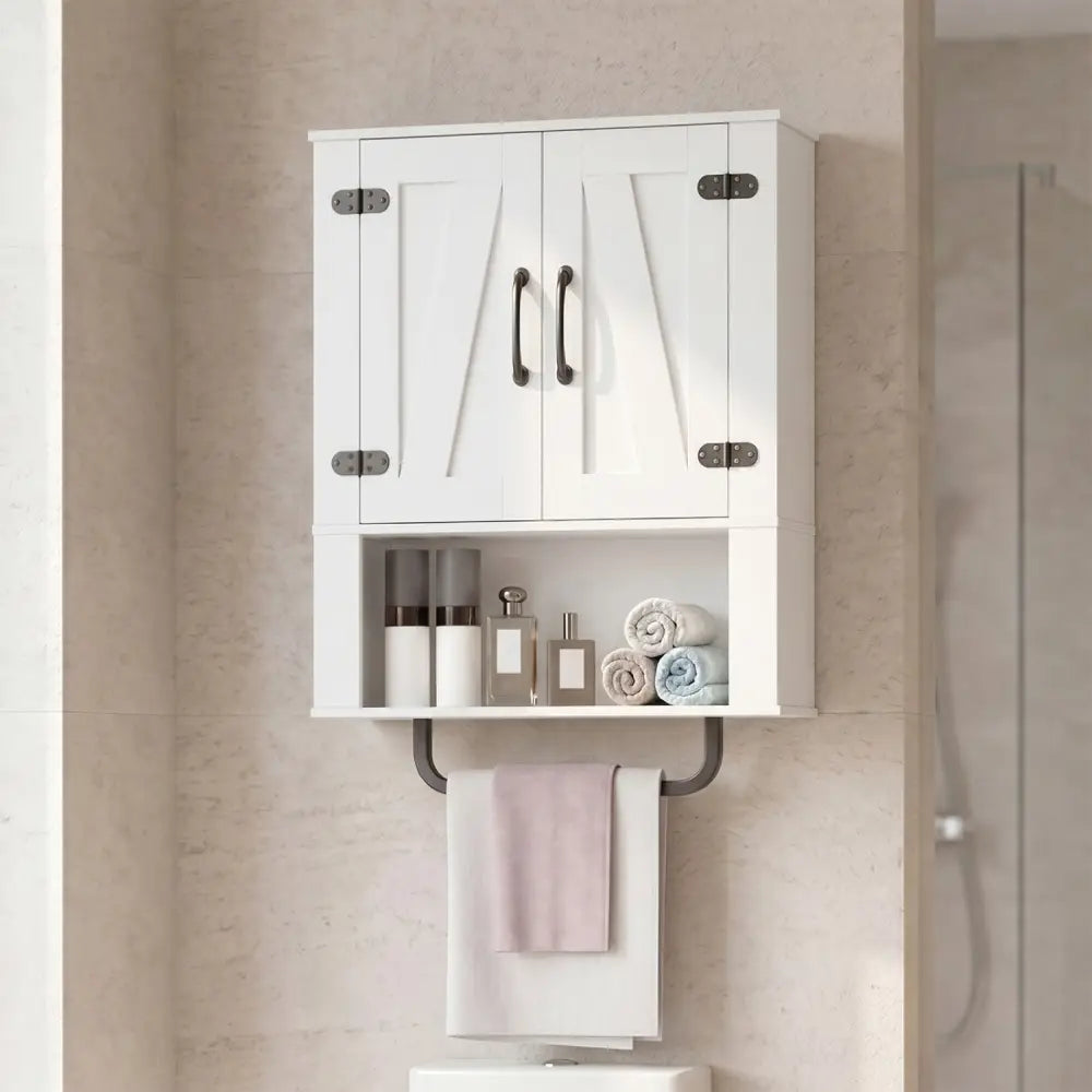 Bathroom Wall Cabinet with 2 Barn Doors and Towel Bar and 3-Tier Wooden Storage-White - White - Wall Cabinets