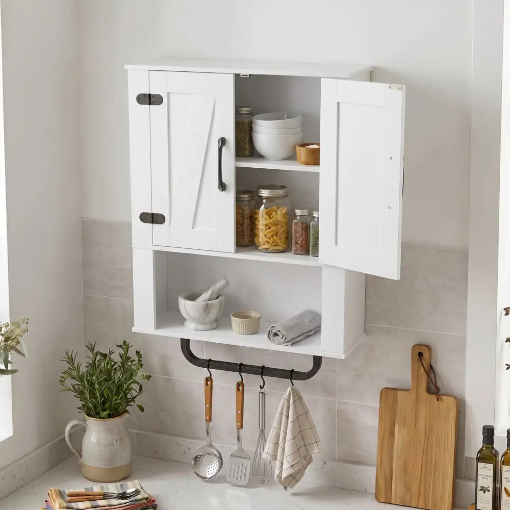 Bathroom Wall Cabinet with 2 Barn Doors and Towel Bar and 3-Tier Wooden Storage-White - White - Wall Cabinets