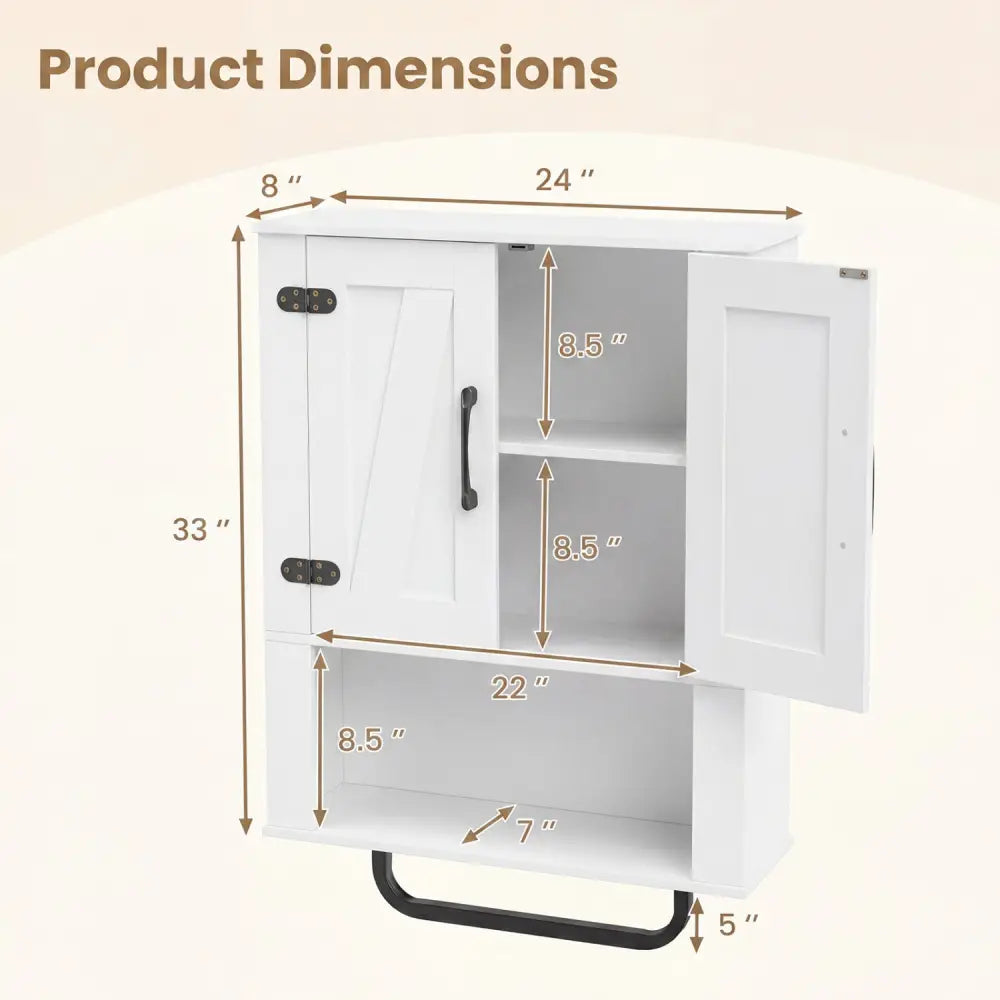 Bathroom Wall Cabinet with 2 Barn Doors and Towel Bar and 3-Tier Wooden Storage-White - White - Wall Cabinets