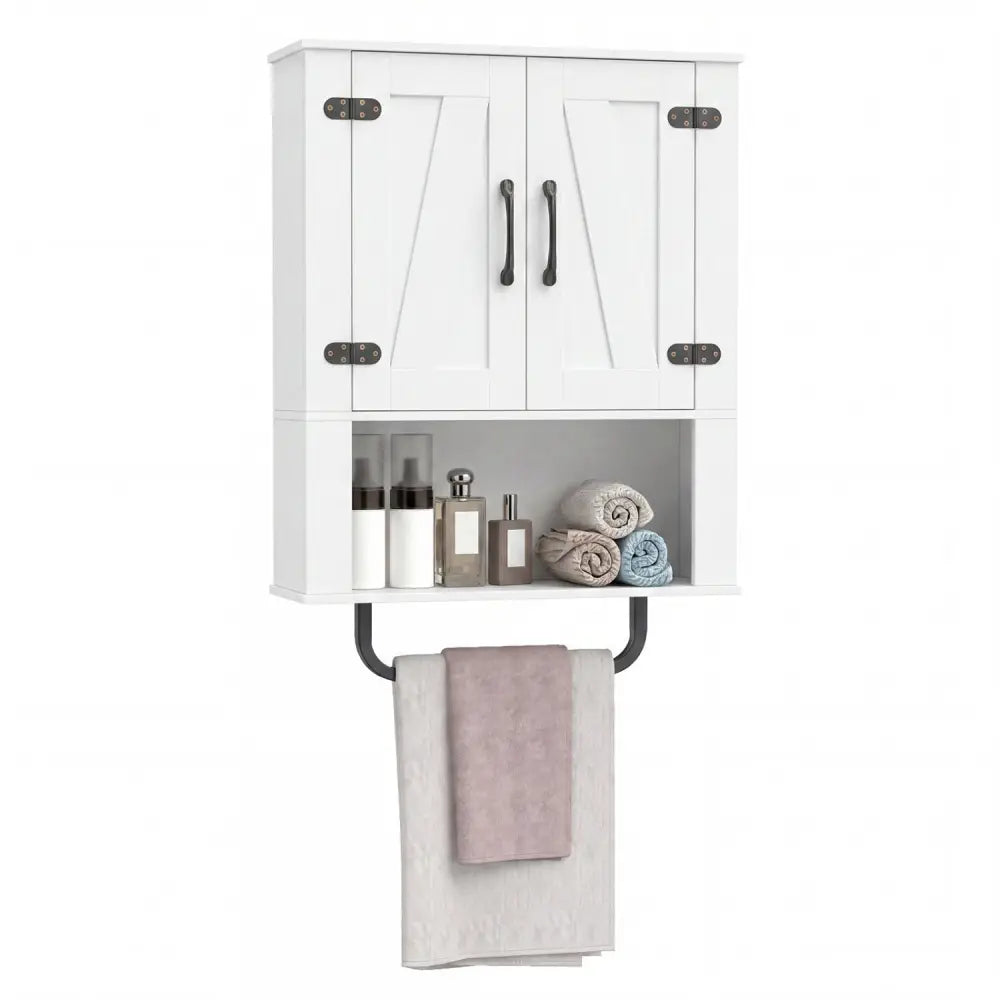 Bathroom Wall Cabinet with 2 Barn Doors and Towel Bar and 3-Tier Wooden Storage-White - White - Wall Cabinets