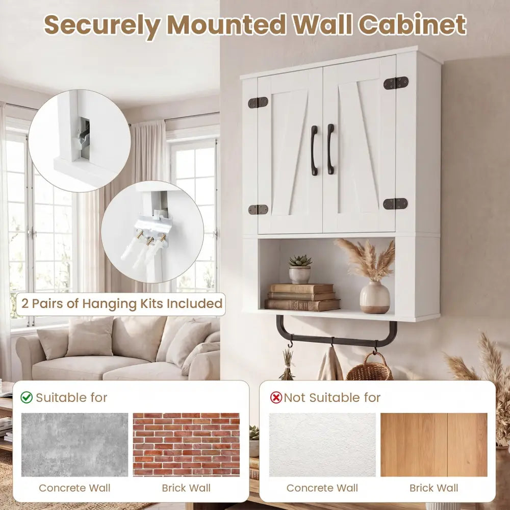 Bathroom Wall Cabinet with 2 Barn Doors and Towel Bar and 3-Tier Wooden Storage-White - White - Wall Cabinets