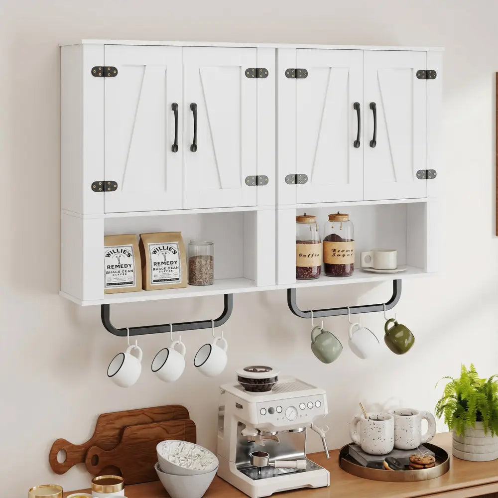 Bathroom Wall Cabinet with 2 Barn Doors and Towel Bar and 3-Tier Wooden Storage-White - White - Wall Cabinets