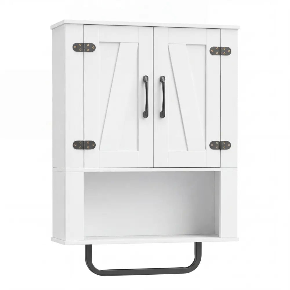 Bathroom Wall Cabinet with 2 Barn Doors and Towel Bar and 3-Tier Wooden Storage-White - White - Wall Cabinets
