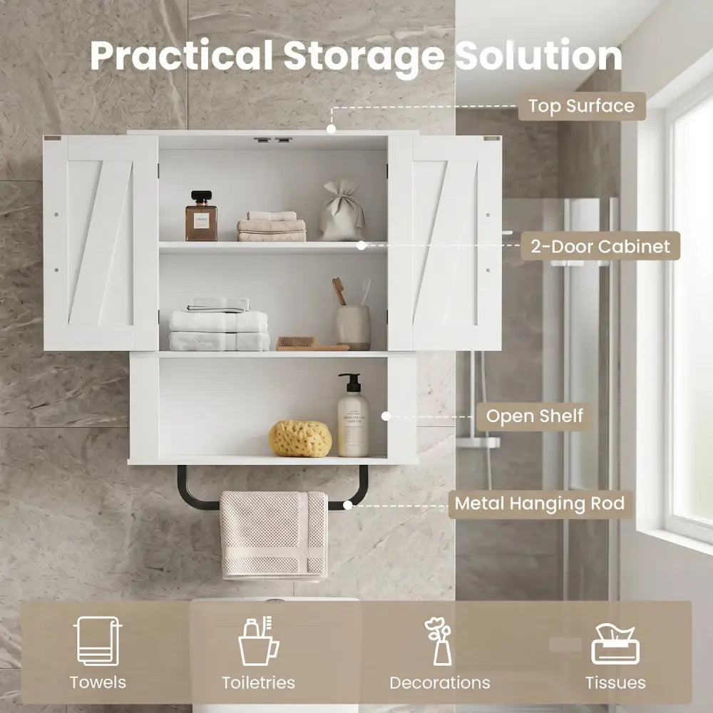 Bathroom Wall Cabinet with 2 Barn Doors and Towel Bar and 3-Tier Wooden Storage-White - White - Wall Cabinets