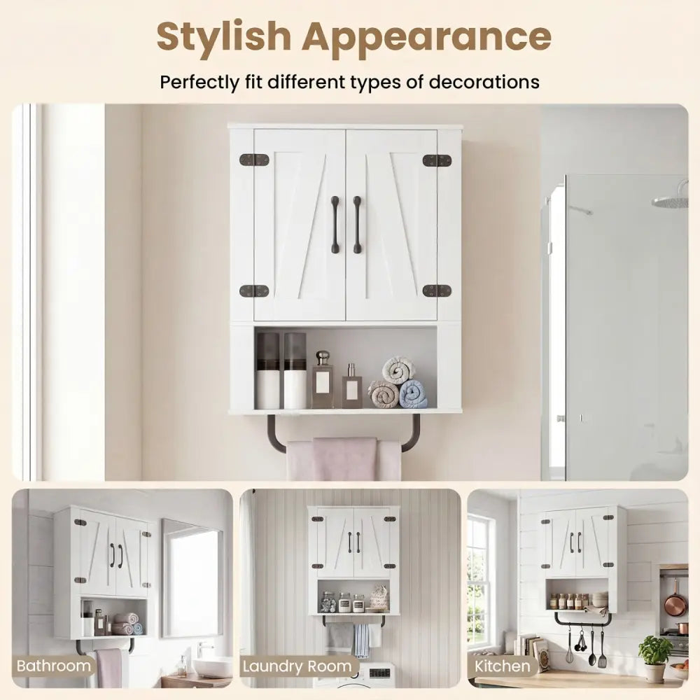 Bathroom Wall Cabinet with 2 Barn Doors and Towel Bar and 3-Tier Wooden Storage-White - White - Wall Cabinets