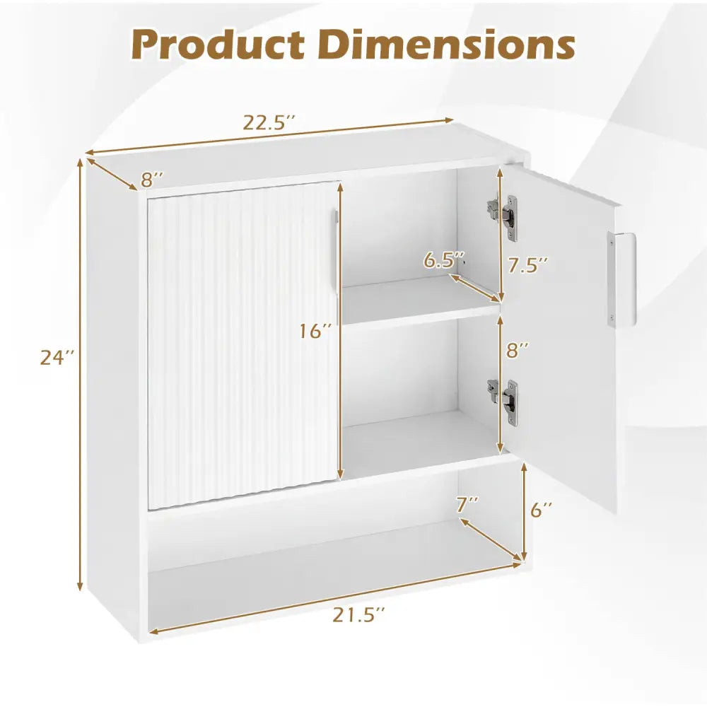 Bathroom Wall Cabinet with 2 Fluted Doors and Open Cube and Adjustable Shelf-White - White - Wall Cabinets