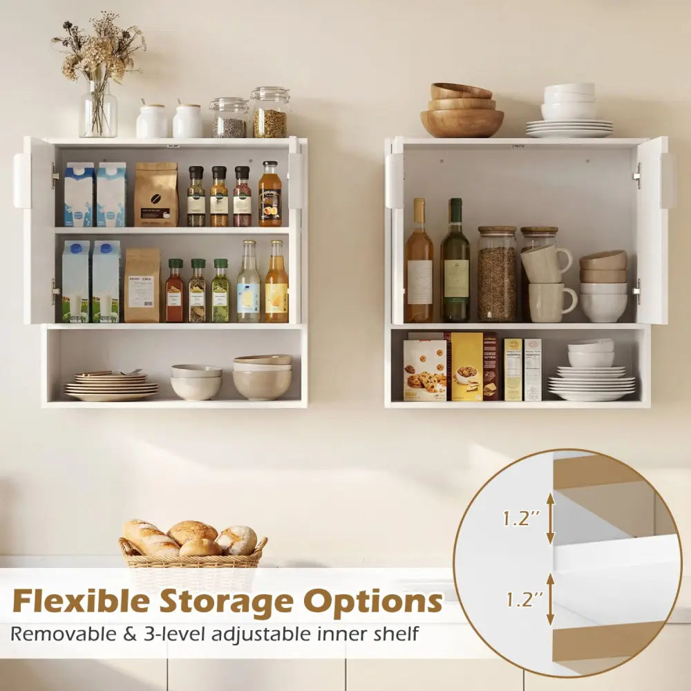 Bathroom Wall Cabinet with 2 Fluted Doors and Open Cube and Adjustable Shelf-White - White - Wall Cabinets