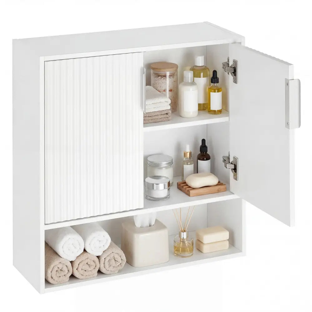 Bathroom Wall Cabinet with 2 Fluted Doors and Open Cube and Adjustable Shelf-White - White - Wall Cabinets