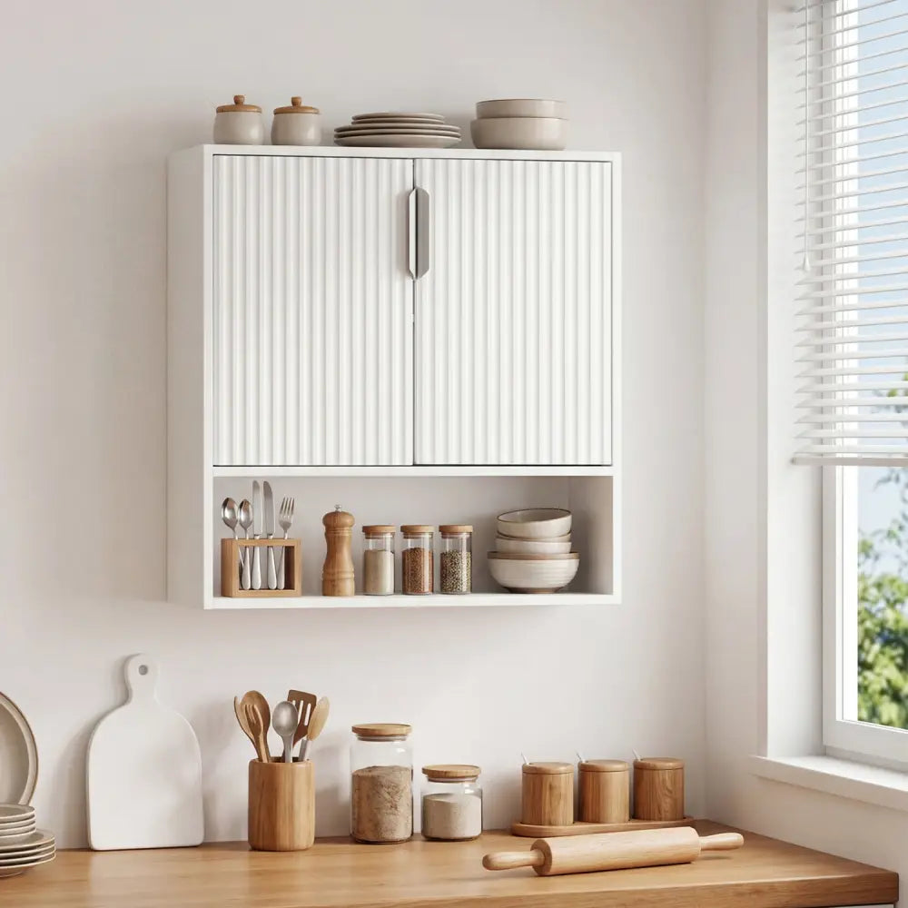 Bathroom Wall Cabinet with 2 Fluted Doors and Open Cube and Adjustable Shelf-White - White - Wall Cabinets