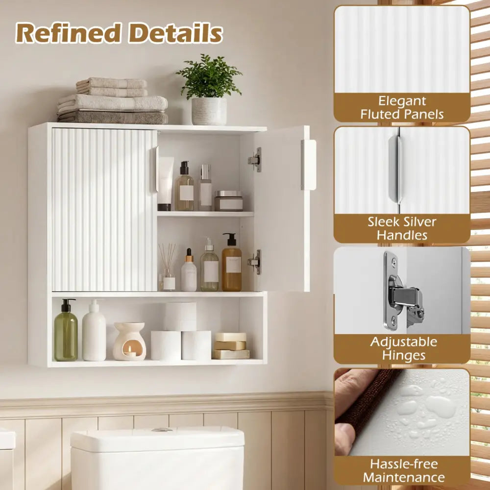 Bathroom Wall Cabinet with 2 Fluted Doors and Open Cube and Adjustable Shelf-White - White - Wall Cabinets