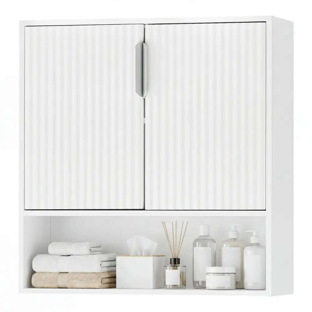 Bathroom Wall Cabinet with 2 Fluted Doors and Open Cube and Adjustable Shelf-White - White - Wall Cabinets
