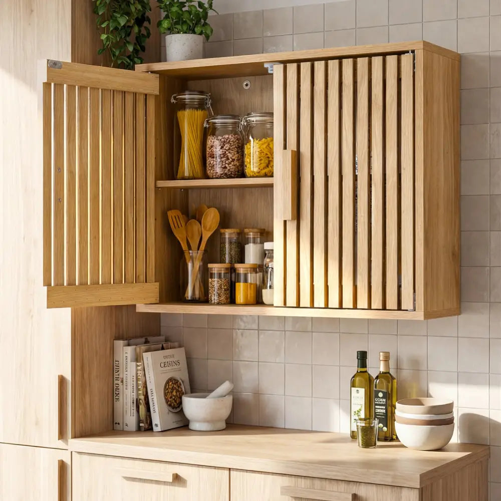 Bathroom Wall Cabinet with 2 Slatted Doors and 3-Level Adjustable Shelves-Natural - Natural - Wall Cabinets