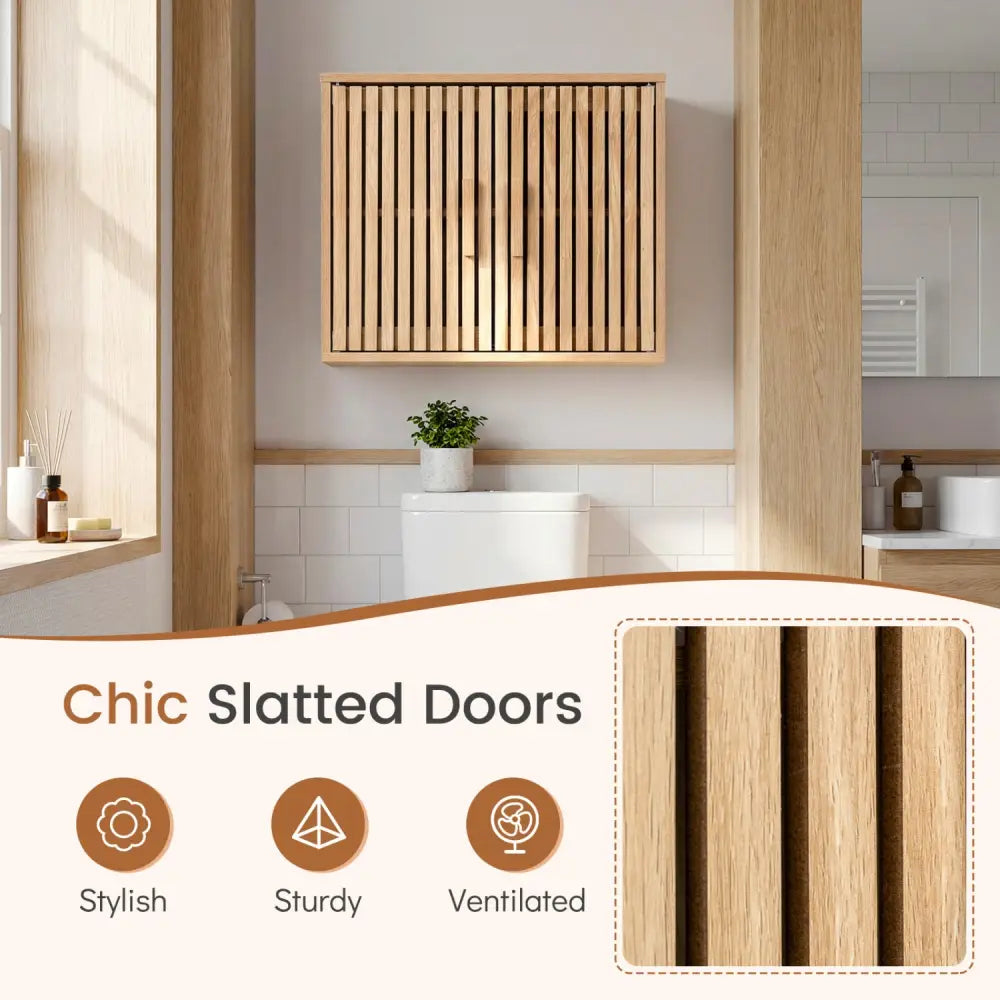 Bathroom Wall Cabinet with 2 Slatted Doors and 3-Level Adjustable Shelves-Natural - Natural - Wall Cabinets