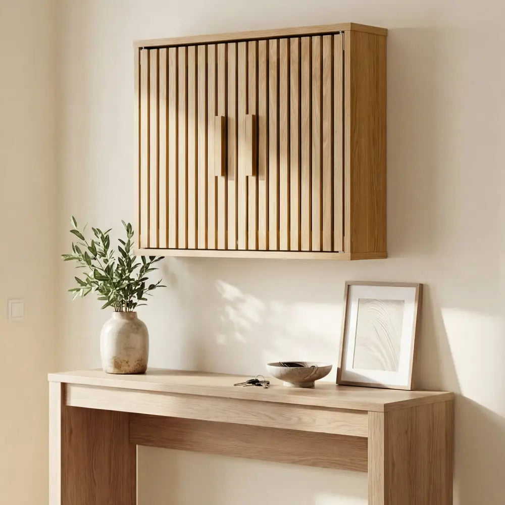 Bathroom Wall Cabinet with 2 Slatted Doors and 3-Level Adjustable Shelves-Natural - Natural - Wall Cabinets