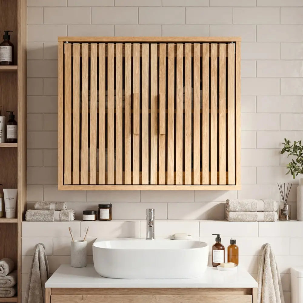 Bathroom Wall Cabinet with 2 Slatted Doors and 3-Level Adjustable Shelves-Natural - Natural - Wall Cabinets