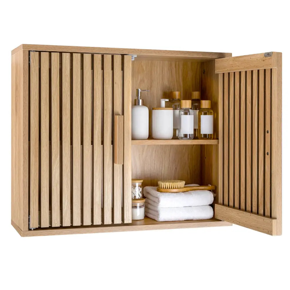 Bathroom Wall Cabinet with 2 Slatted Doors and 3-Level Adjustable Shelves-Natural - Natural - Wall Cabinets