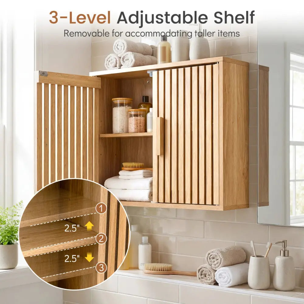 Bathroom Wall Cabinet with 2 Slatted Doors and 3-Level Adjustable Shelves-Natural - Natural - Wall Cabinets