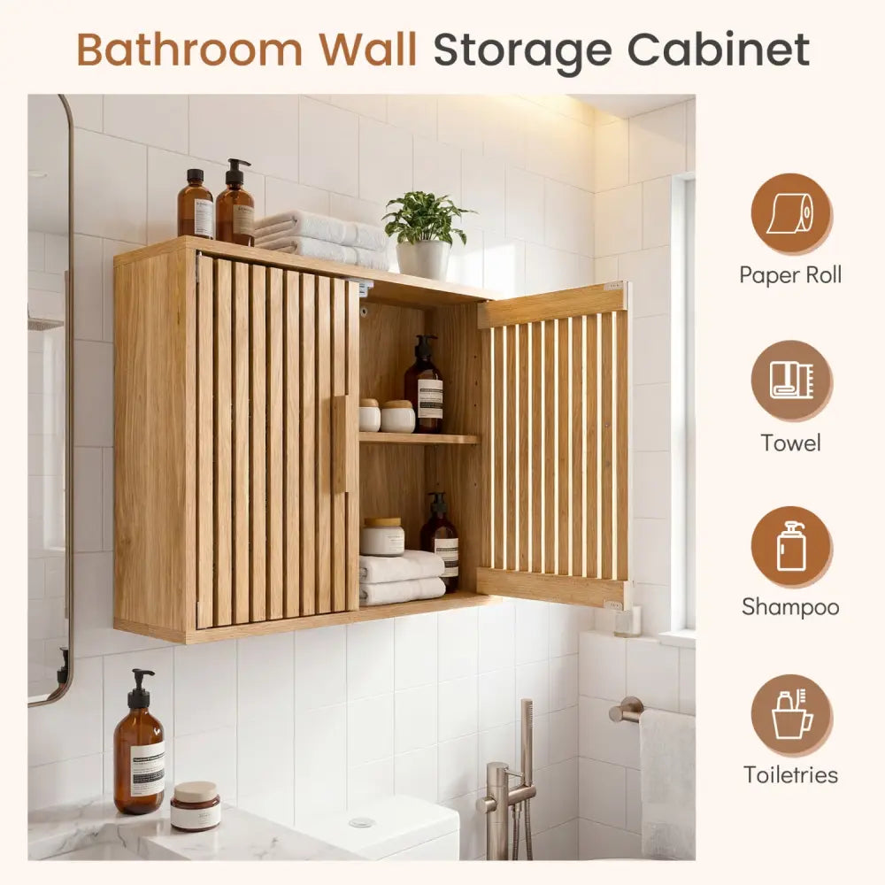 Bathroom Wall Cabinet with 2 Slatted Doors and 3-Level Adjustable Shelves-Natural - Natural - Wall Cabinets