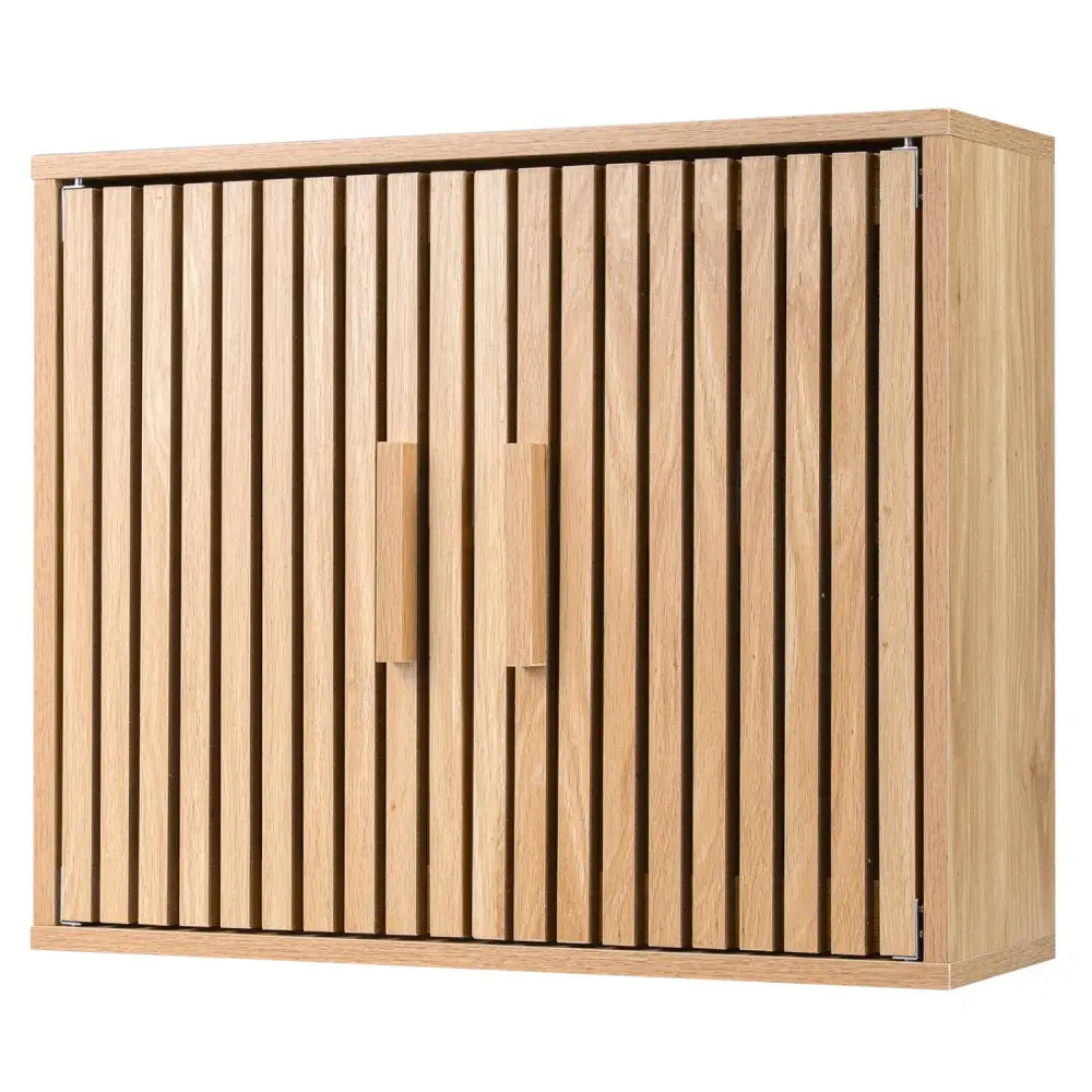 Bathroom Wall Cabinet with 2 Slatted Doors and 3-Level Adjustable Shelves-Natural - Natural - Wall Cabinets