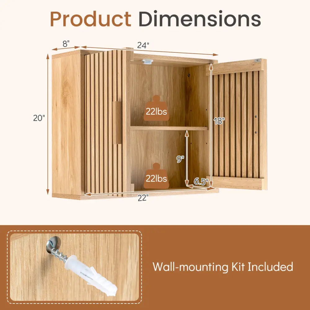 Bathroom Wall Cabinet with 2 Slatted Doors and 3-Level Adjustable Shelves-Natural - Natural - Wall Cabinets