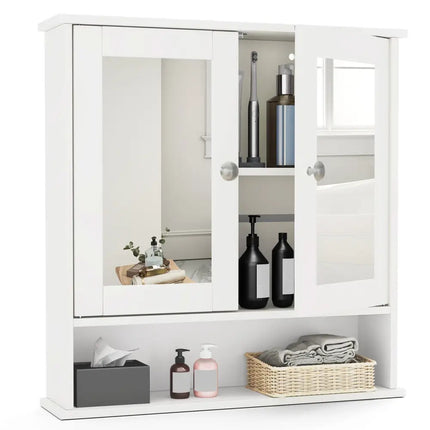Bathroom Wall Cabinet with Double Mirror Doors-White - White - Wall Cabinets