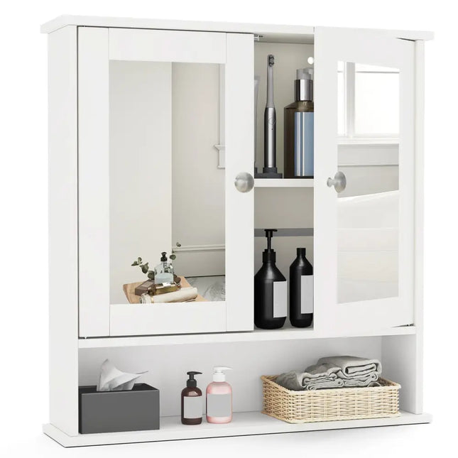 Bathroom Wall Cabinet with Double Mirror Doors-White - White - Wall Cabinets