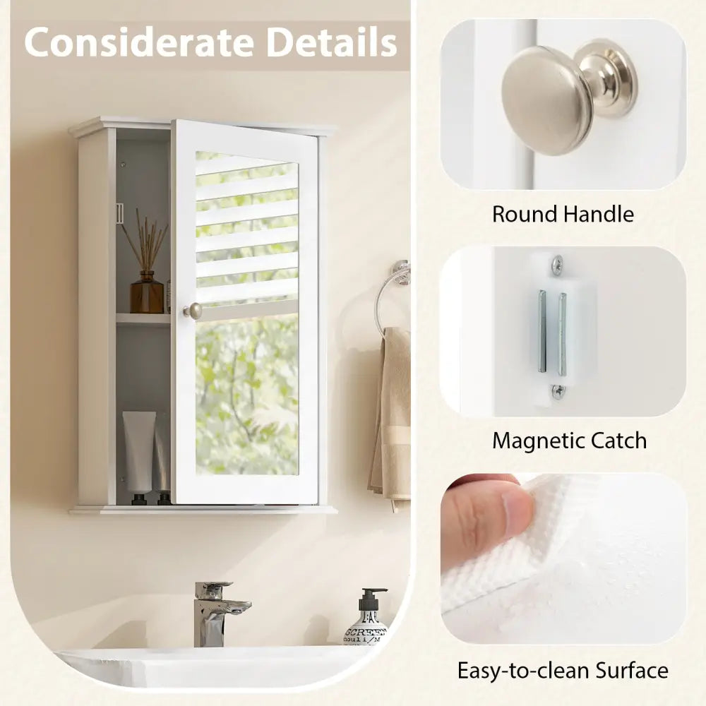 Bathroom Wall Cabinet with Single Mirror Door-White - White - Wall Cabinets