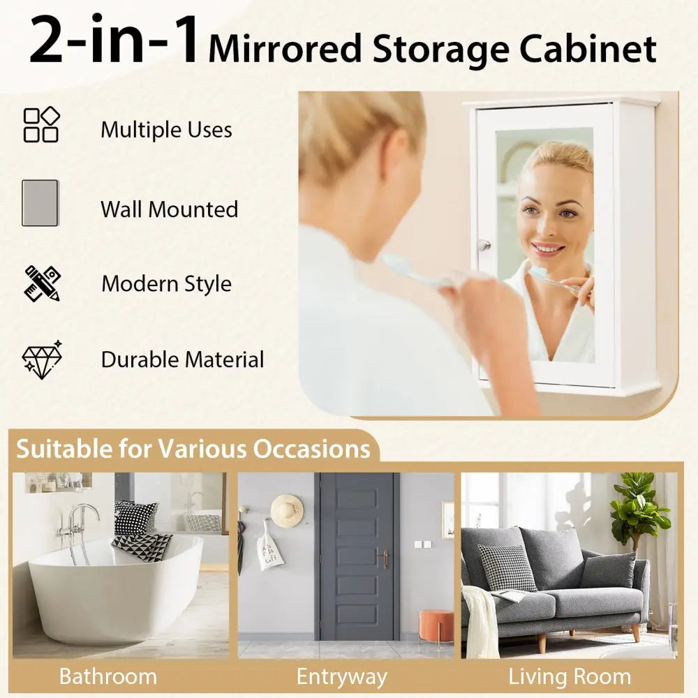 Bathroom Wall Cabinet with Single Mirror Door-White - White - Wall Cabinets