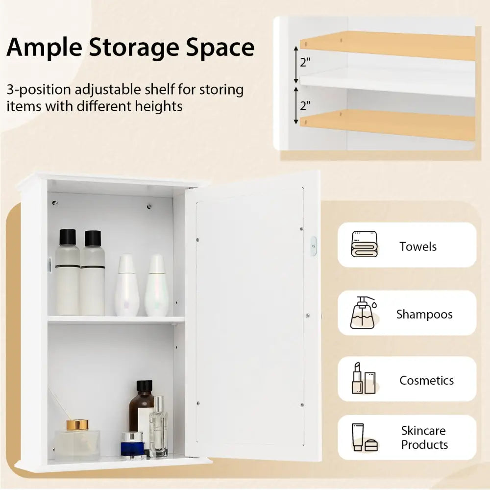 Bathroom Wall Cabinet with Single Mirror Door-White - White - Wall Cabinets