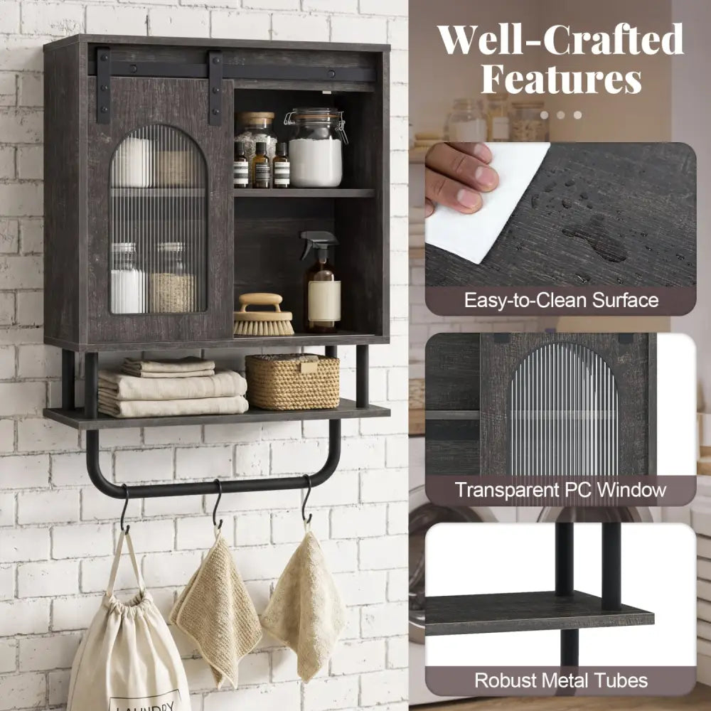 Bathroom Wall Cabinet with Sliding Barn Door and Metal Hanging Bar with 3 Hooks-Black - Black - Wall Cabinets