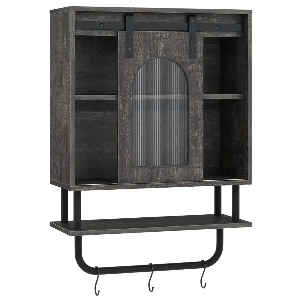 Bathroom Wall Cabinet with Sliding Barn Door and Metal Hanging Bar with 3 Hooks-Black - Black - Wall Cabinets