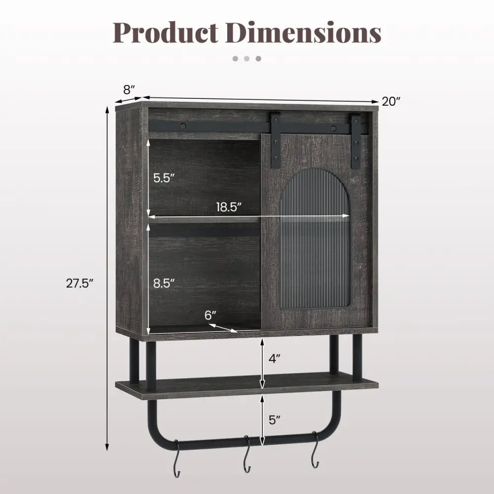 Bathroom Wall Cabinet with Sliding Barn Door and Metal Hanging Bar with 3 Hooks-Black - Black - Wall Cabinets