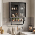 Bathroom Wall Cabinet with Sliding Barn Door and Metal Hanging Bar with 3 Hooks-Black - Black - Wall Cabinets