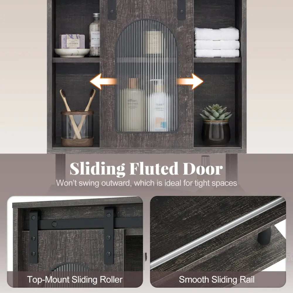 Bathroom Wall Cabinet with Sliding Barn Door and Metal Hanging Bar with 3 Hooks-Black - Black - Wall Cabinets