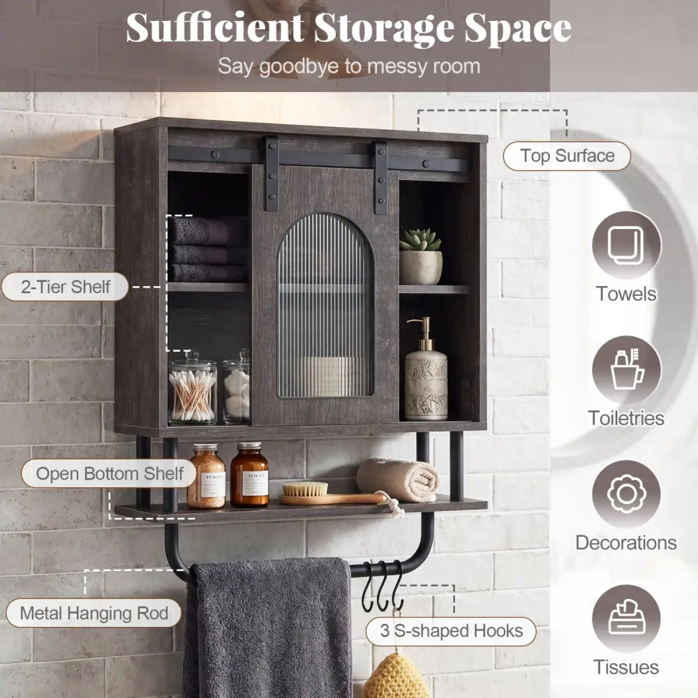 Bathroom Wall Cabinet with Sliding Barn Door and Metal Hanging Bar with 3 Hooks-Black - Black - Wall Cabinets