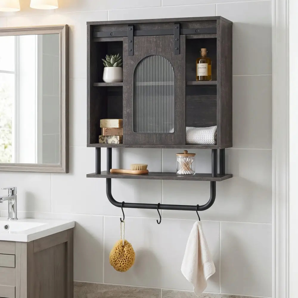 Bathroom Wall Cabinet with Sliding Barn Door and Metal Hanging Bar with 3 Hooks-Black - Black - Wall Cabinets