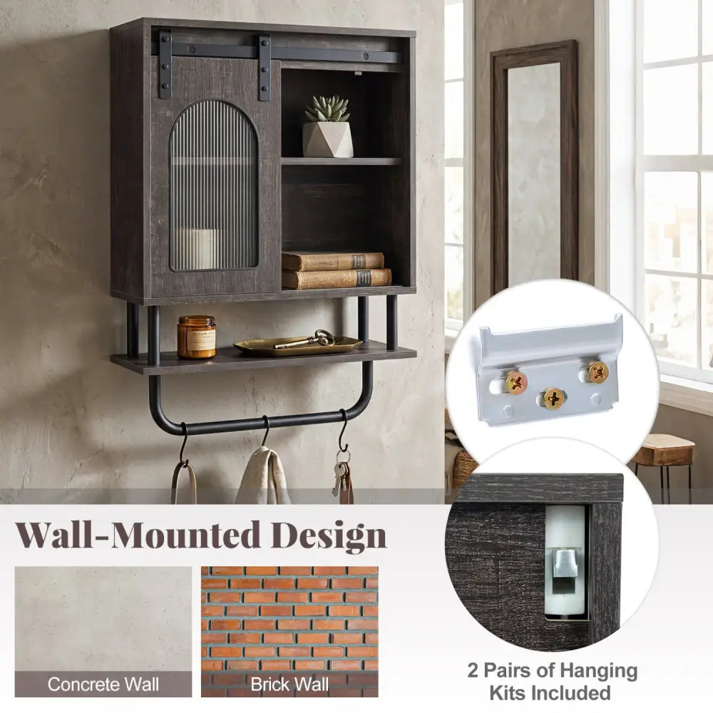 Bathroom Wall Cabinet with Sliding Barn Door and Metal Hanging Bar with 3 Hooks-Black - Black - Wall Cabinets