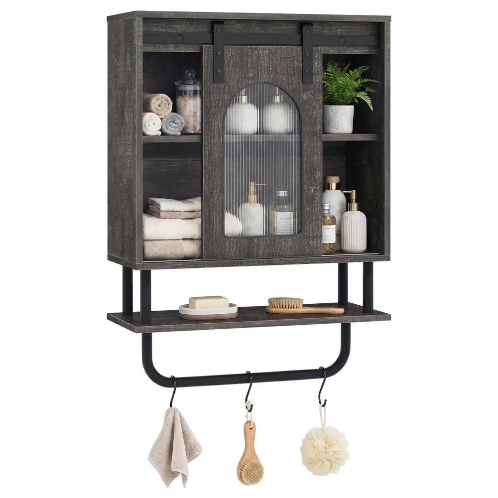 Bathroom Wall Cabinet with Sliding Barn Door and Metal Hanging Bar with 3 Hooks-Black - Black - Wall Cabinets